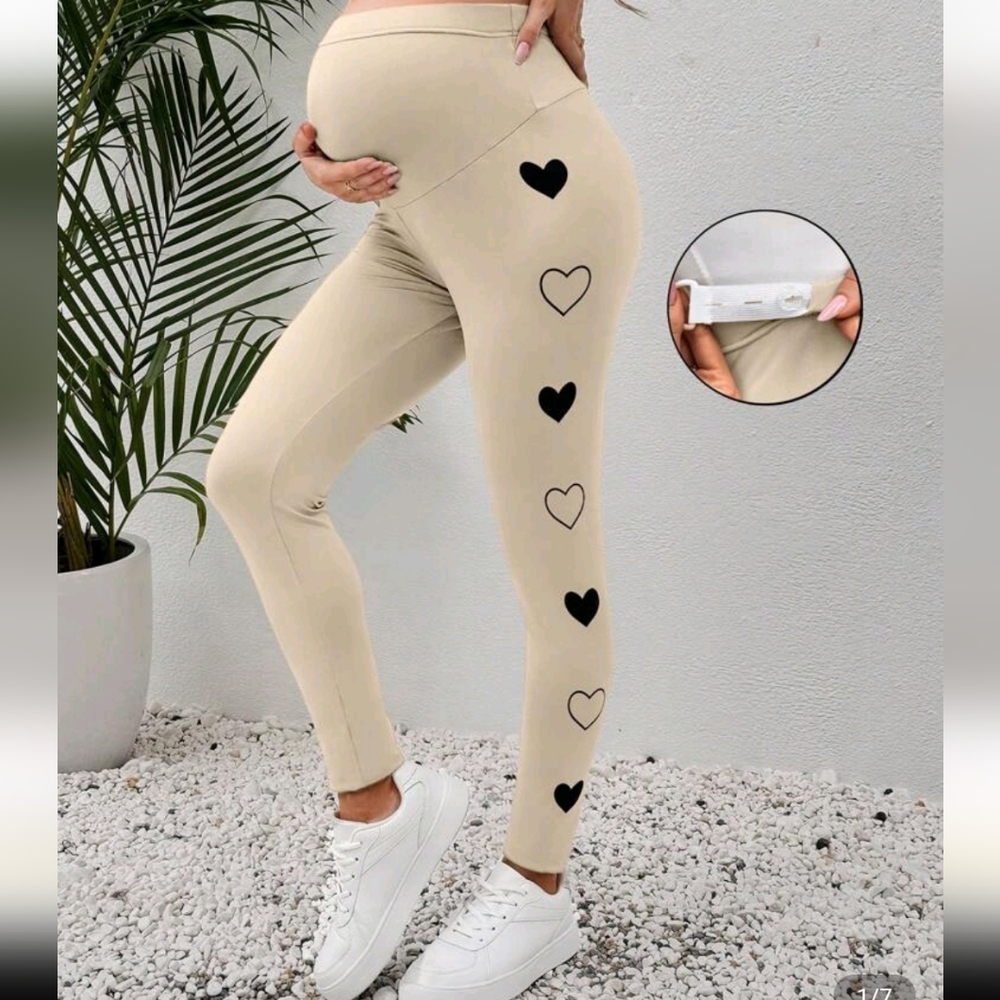 Beige Leggings with Black Heart Design